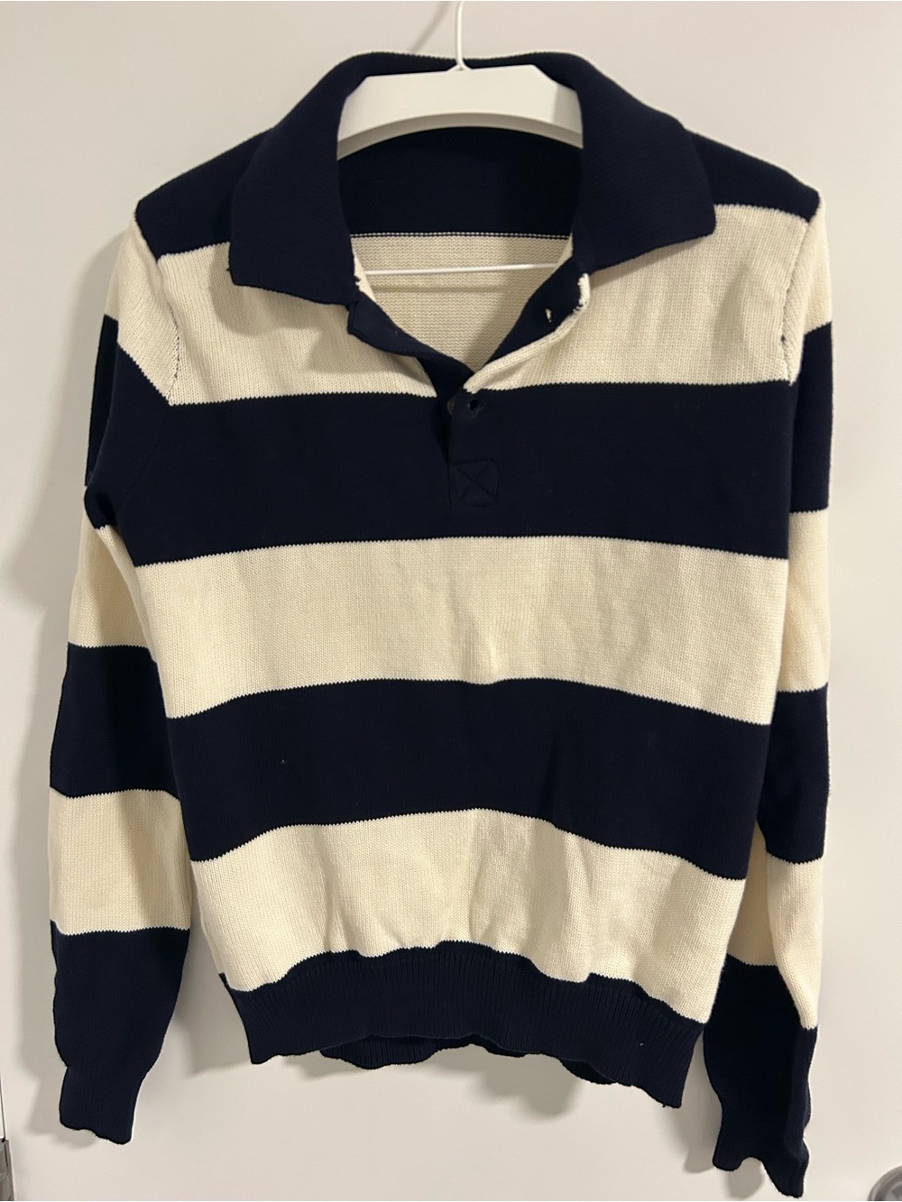 Brandy Melville Navy and Cream Striped Rugby Sweater